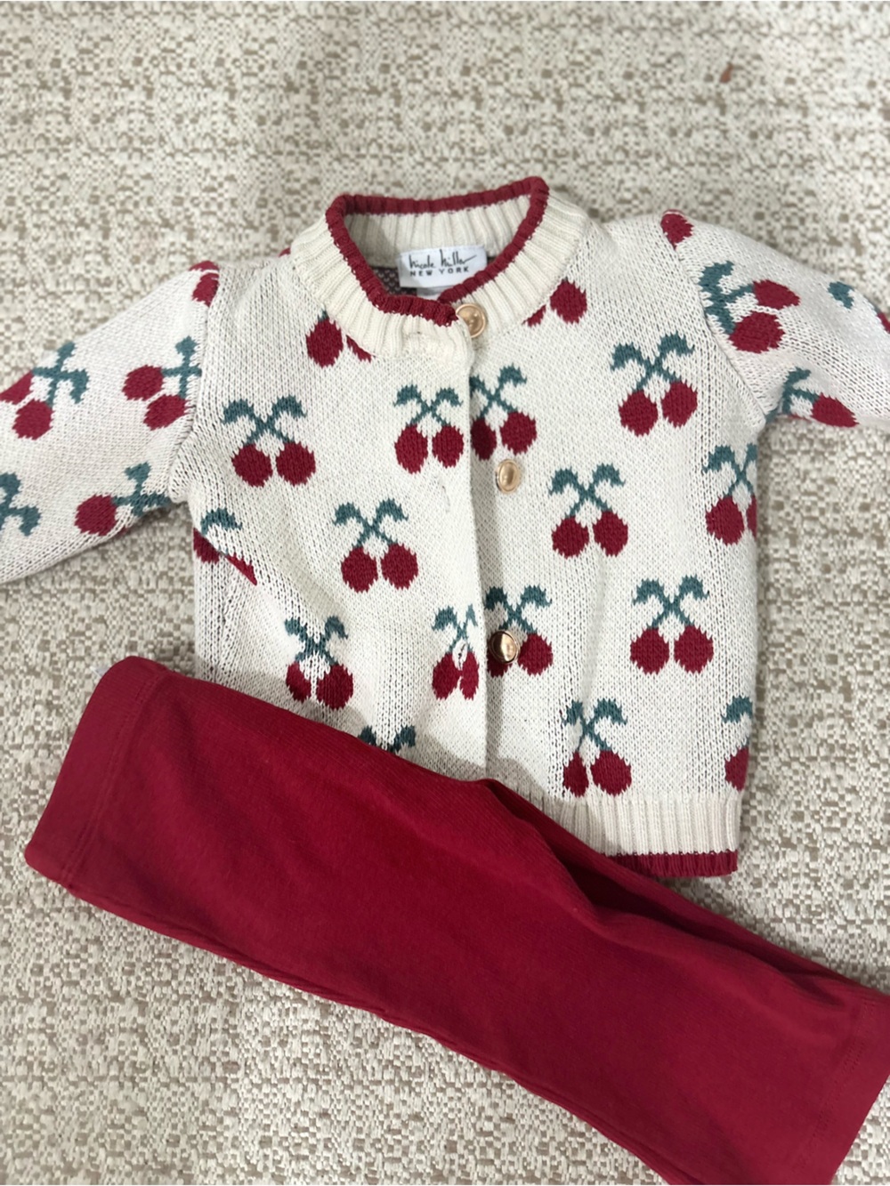 Nicole Miller Cream Cherry Print Cardigan with Red Leggings 2 outfits